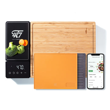 4T7 Smart Meal Prep System, Smart Cutting Board Set, Bamboo and Wheat Straw  Chopping Boards, Weigh, Timer, App Calorie Counter, Juice Grooves, Health